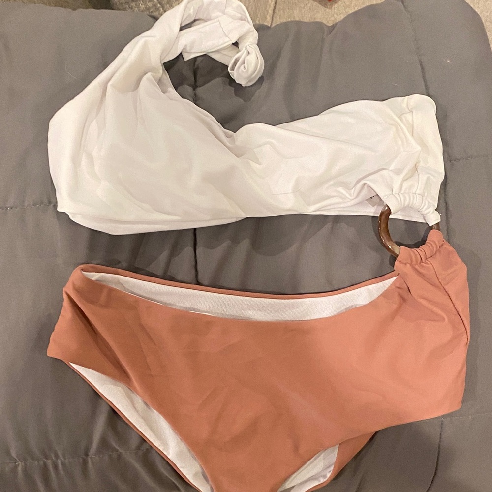 SHEIN White and Tan One-Shoulder Bikini